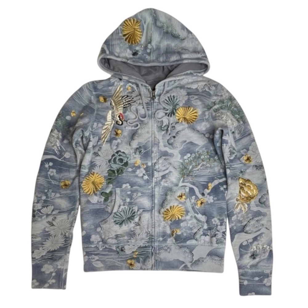 Y2K Lucky Brand Vintage Embroidered Japanese Crane Zip Up Hoodie Jacket Med
